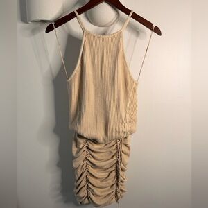 Free People One Beige Ruched Knit Mini Dress XS